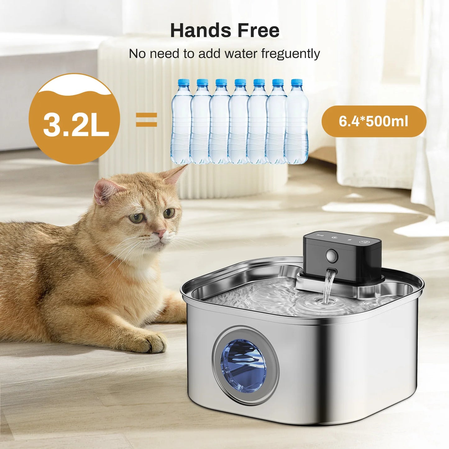 3.2L Stainless Steel Wireless Pet Water Fountain with Motion Sensor and Silent Filtration for Cats and Dogs
