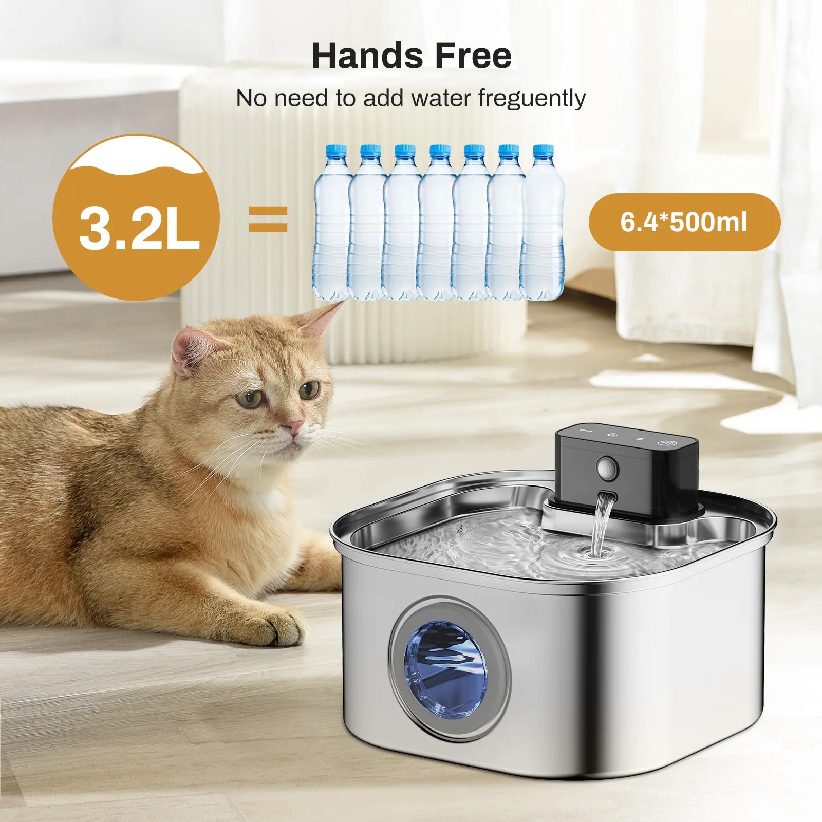 3.2L Stainless Steel Wireless Pet Water Fountain with Motion Sensor and Silent Filtration for Cats and Dogs