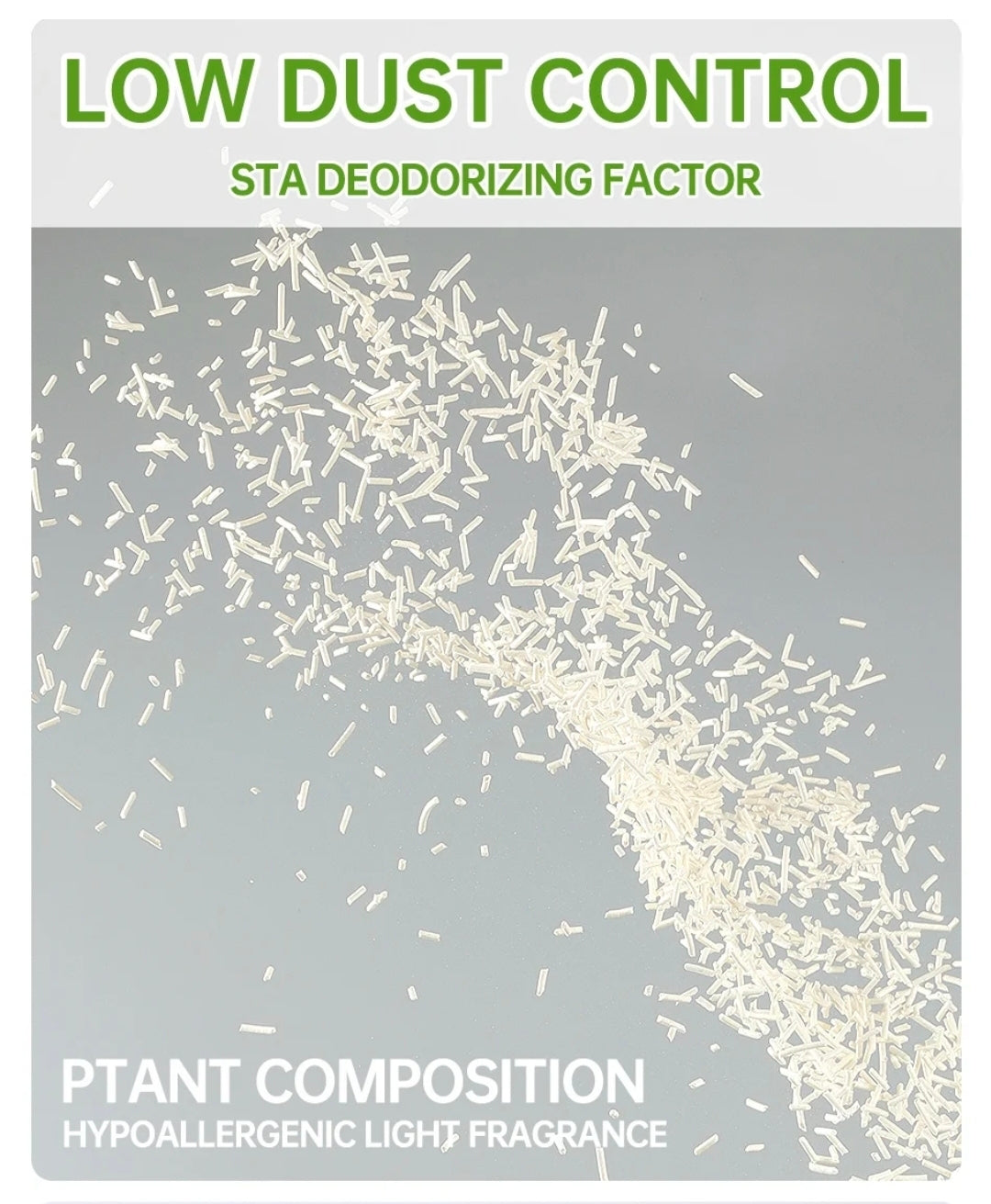Product packaging with text about low dust control and deodorizing factor on a gray background.