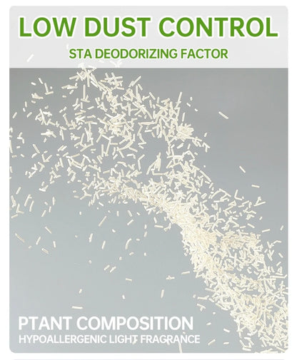 Product packaging with text about low dust control and deodorizing factor on a gray background.