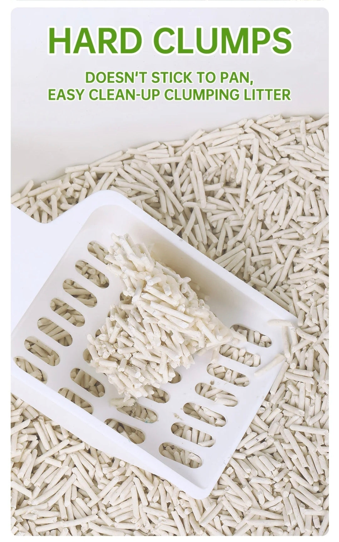 Cat litter with a scoop and text about clumping litter on a white background