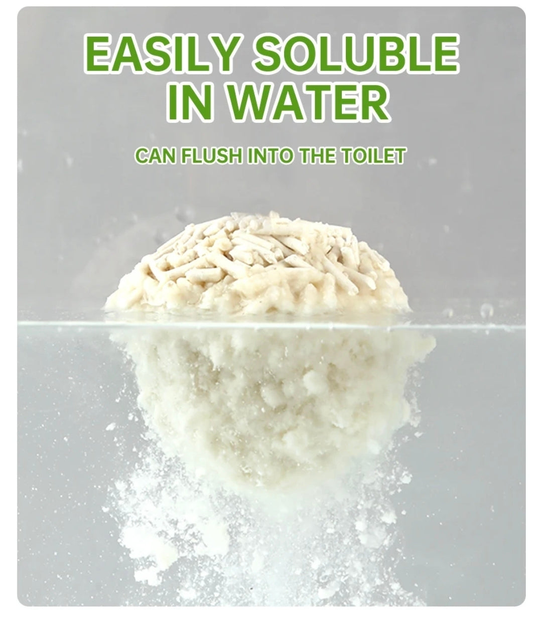 White powder dissolving in water with text 'Easily soluble in water' and 'Can flush into the toilet'.