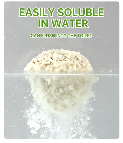 White powder dissolving in water with text 'Easily soluble in water' and 'Can flush into the toilet'.