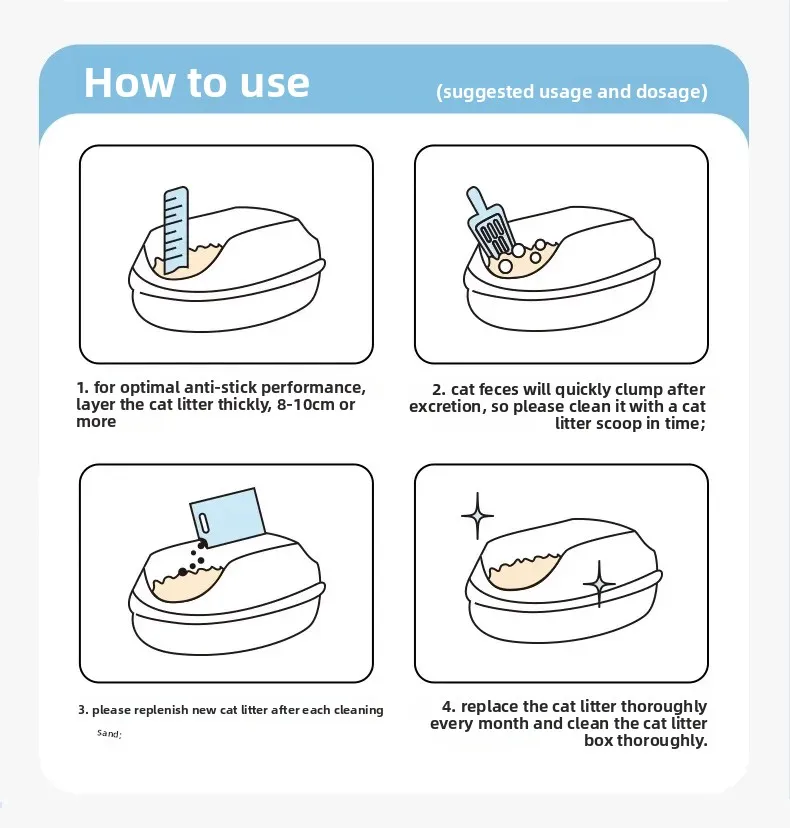 Instructions for using cat litter with illustrations and text on a white background